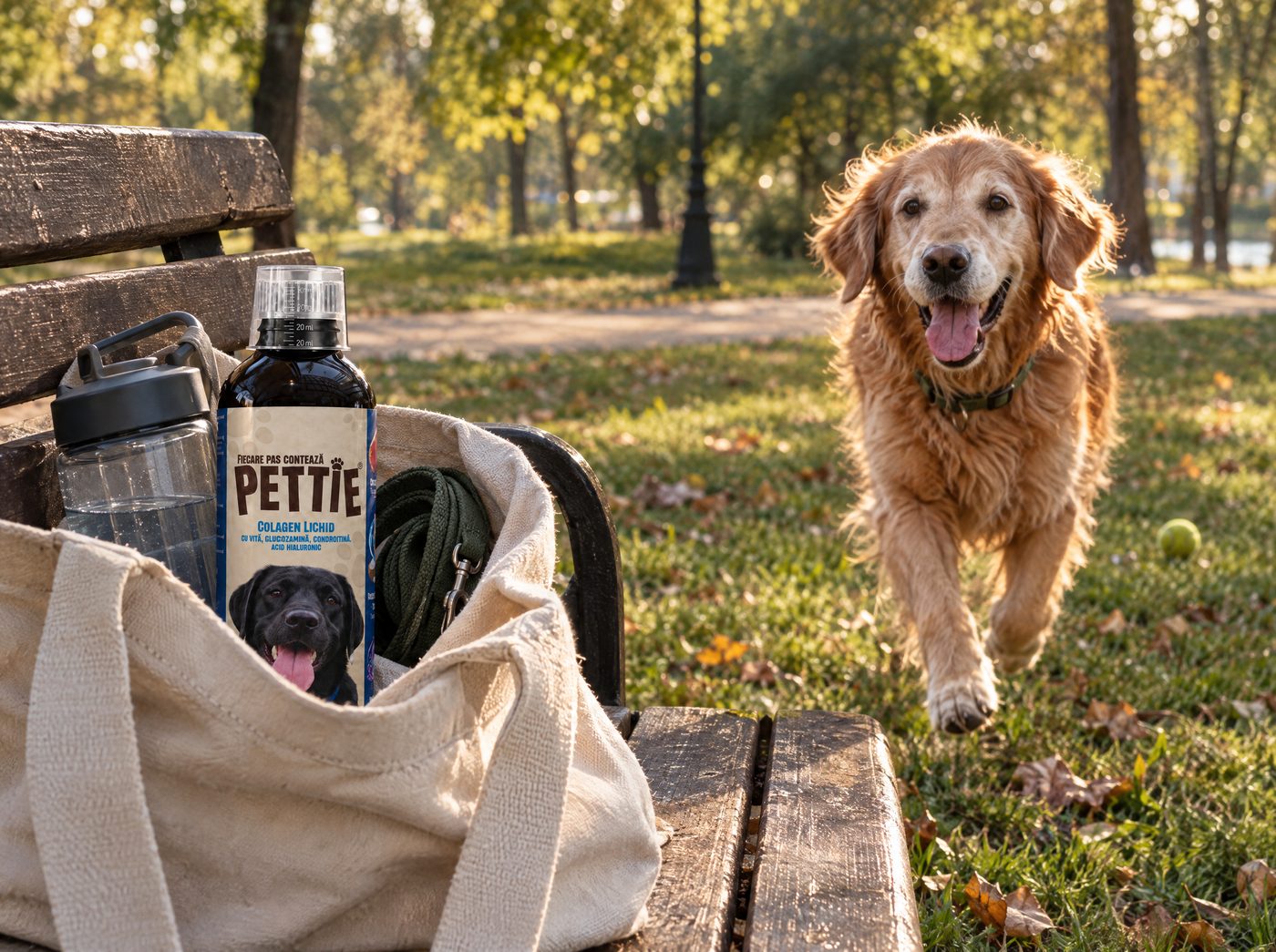 Golden retriever care sare pe o bancă în parc